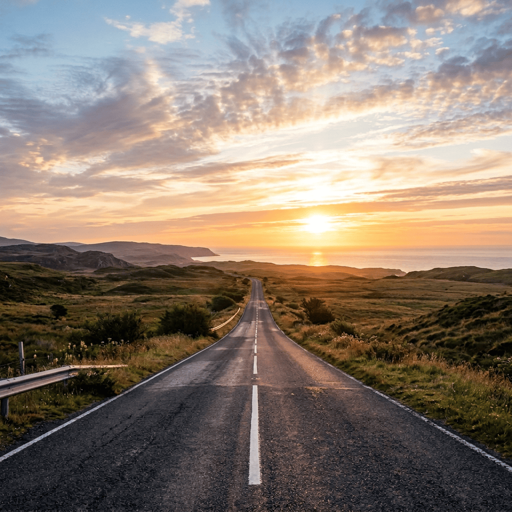 Coastal road toward sunset with sign reading “Road to a New Beginning”